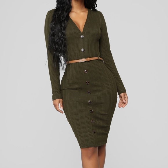 Long Sleeve Belted Midi Dress - Picture 1 of 4